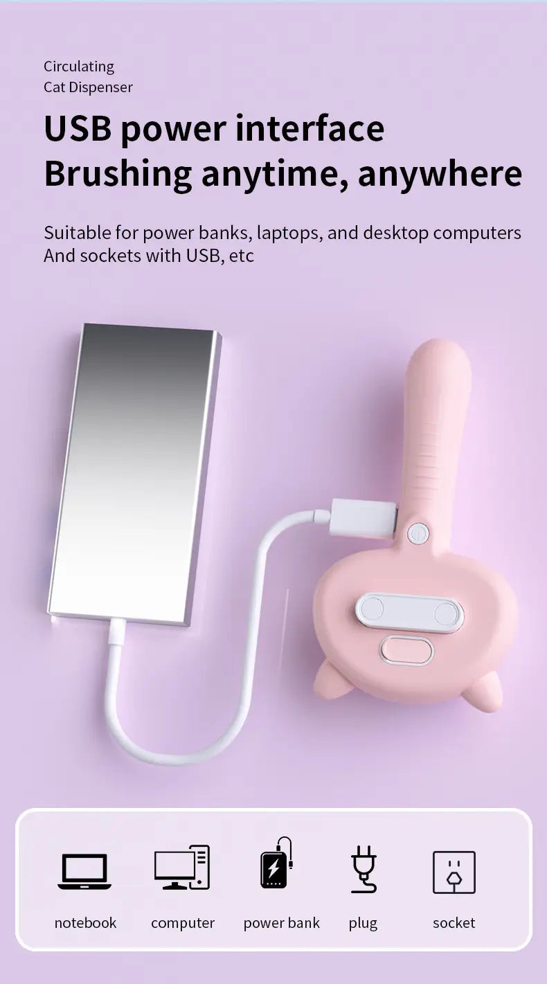 pink cat-shaped usb power interface with white charging cable and metallic silver adapter for self-cleaning mist cat and dog grooming brush