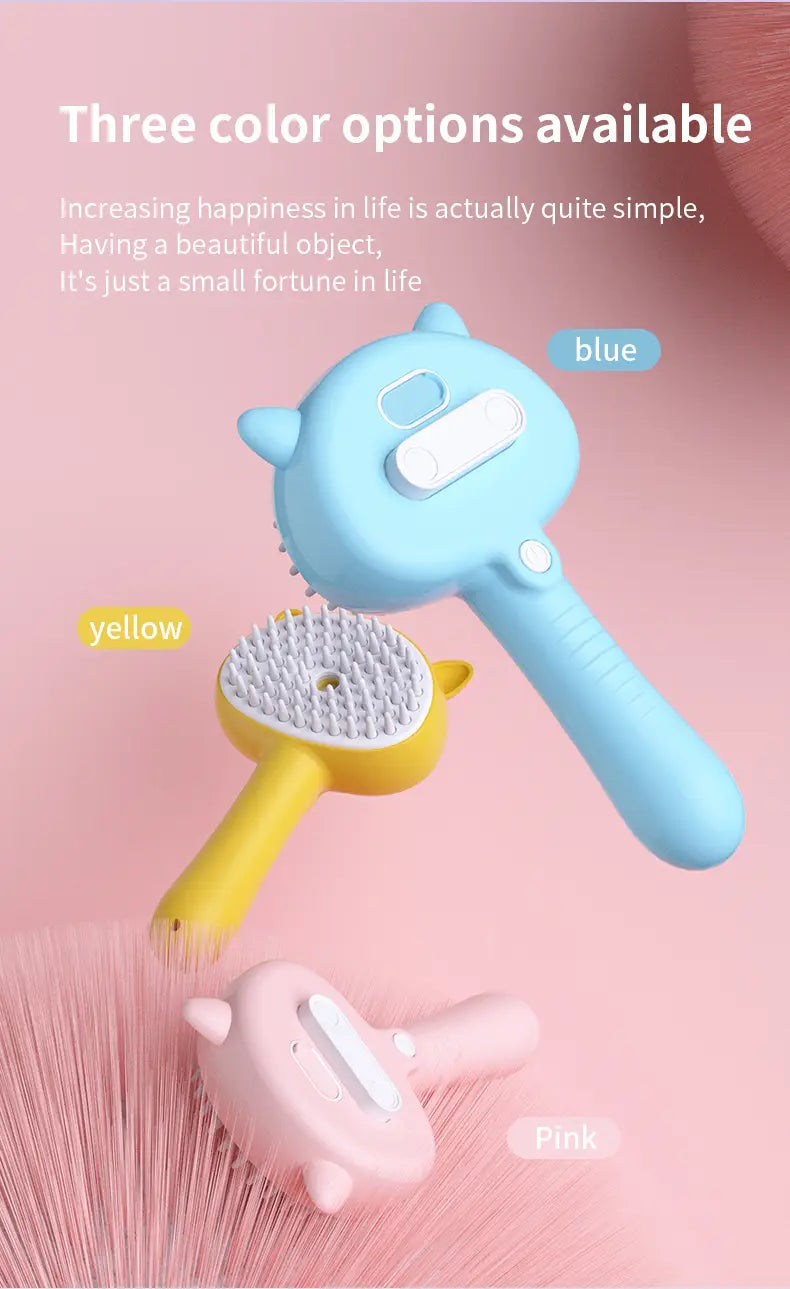 Self-cleaning mist cat and dog grooming brush featuring blue yellow and pink cat-shaped designs with soft bristles and smooth plastic handles.
