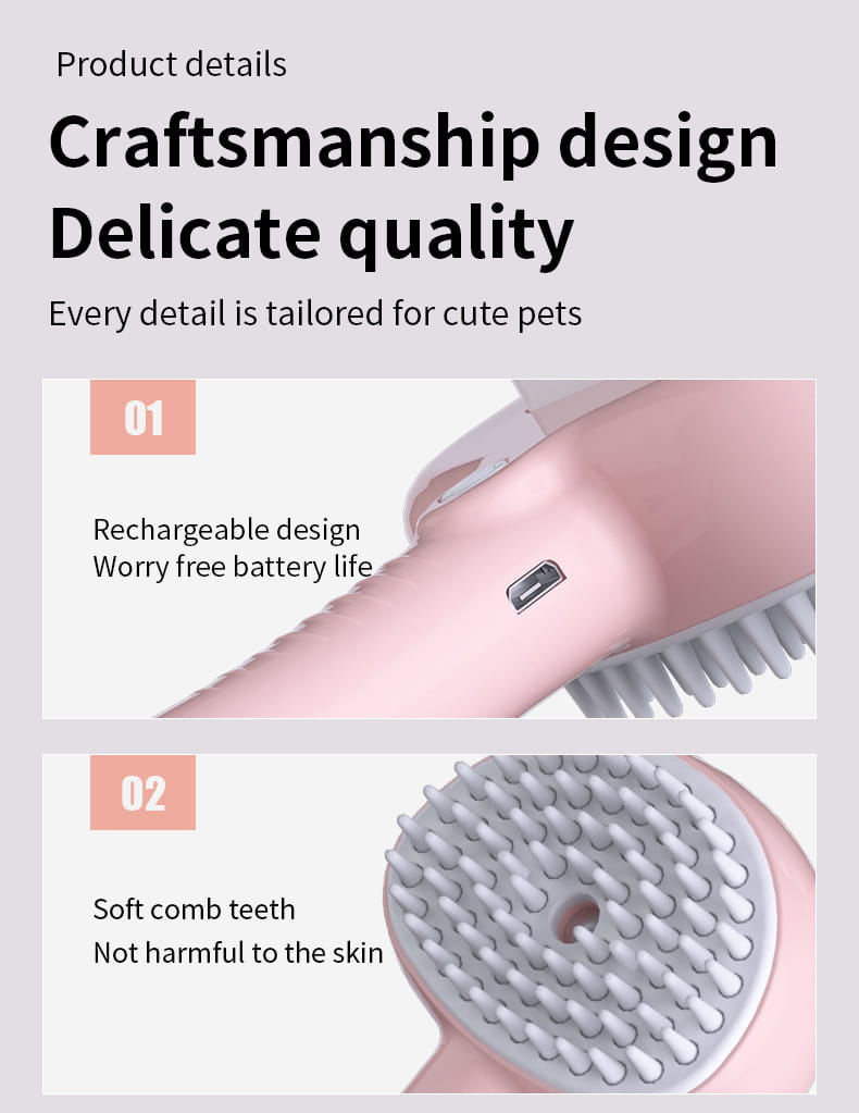 pink and gray rechargeable self-cleaning mist grooming brush with soft rounded bristles designed for gentle dog and cat skin care
