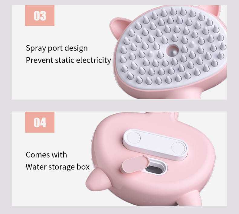 pink silicone cat-shaped grooming brush with white spray port and water storage compartment designed as a self-cleaning mist dog grooming brush