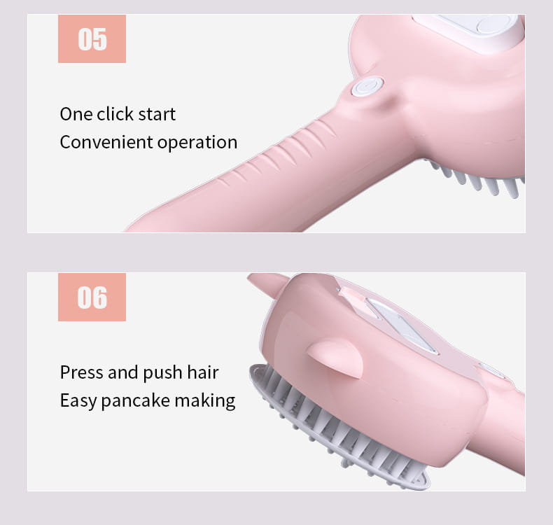 Pink handheld self-cleaning mist grooming brush with soft bristles and a rounded cat-ear design for cat and dog grooming use.