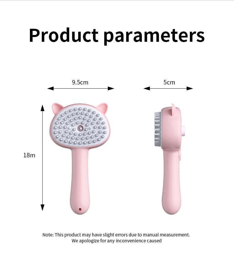 pink cat-shaped grooming brush with a rounded head of soft bristles and an attached handle designed as a self-cleaning mist dog grooming brush.