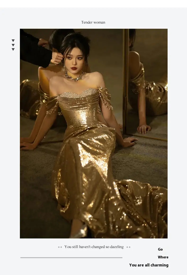 a gold evening dress featuring a shimmering sequined off-shoulder design with a fitted bodice and flowing mermaid skirt ideal as a toast dress bridal or dress bridal fishtail gown