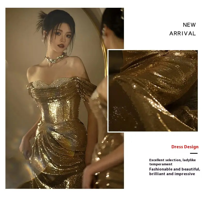 a shimmering gold sequined off-shoulder dress bridal fishtail featuring a fitted corset bodice and flowing skirt ideal as a gold evening dress or toast dress bridal
