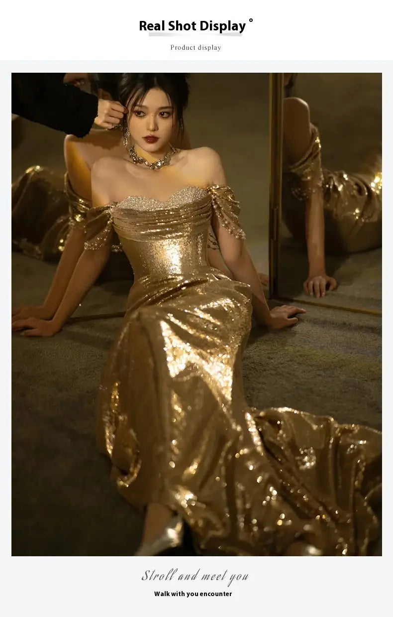 a shimmering gold sequined off-shoulder mermaid gown with intricate beaded detailing along the straps and bodice ideal for a toast dress bridal or dress bridal fishtail occasion