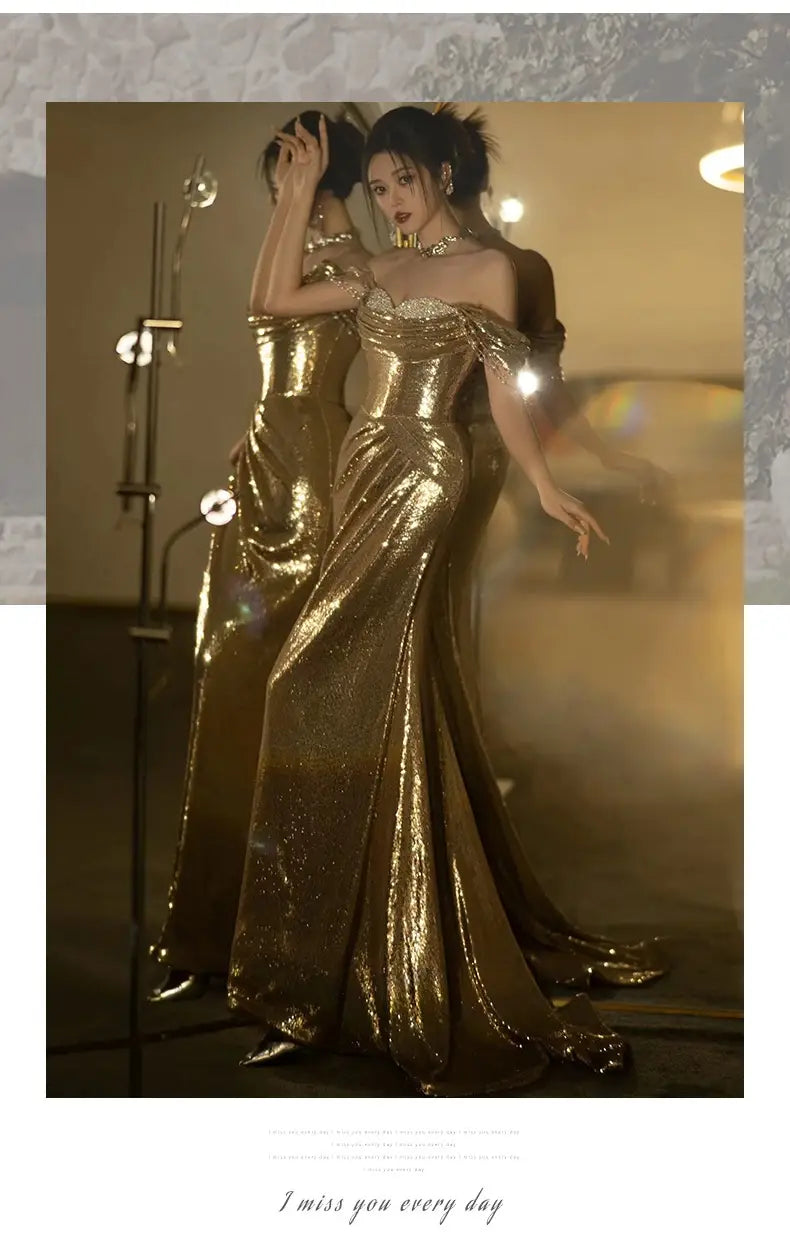 a gold evening dress bridal fishtail featuring a shimmering sequined fabric with a fitted bodice and flowing skirt for toast dress bridal occasions