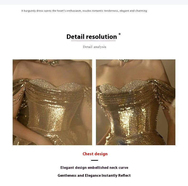 a gold sequined off-shoulder dress bridal fishtail featuring a fitted corset-style bodice with delicate beaded detailing along the neckline, perfect as a gold evening dress or toast dress bridal.