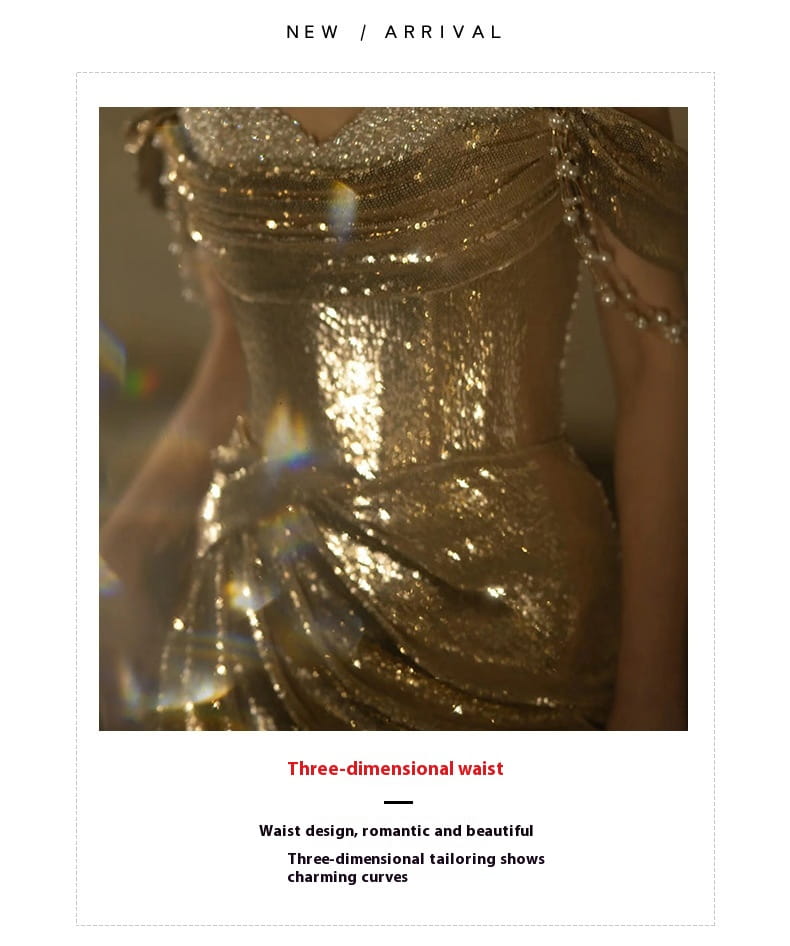 A gold evening dress bridal fishtail featuring shimmering sequins and a three-dimensional waist design ideal for toast dress bridal occasions.