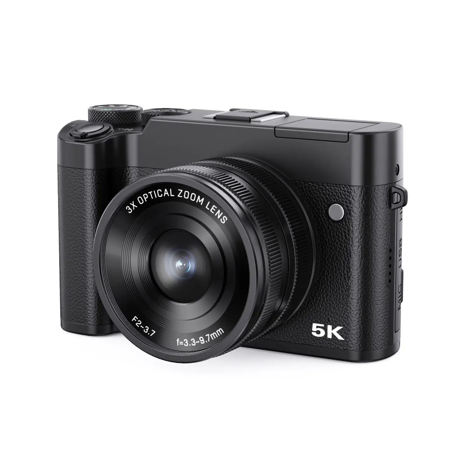 Black 5k digital camera with optical zoom 3x lens marked f2.3-7 and f=3.3-9.7mm featuring a textured grip and royale essence lux design elements.