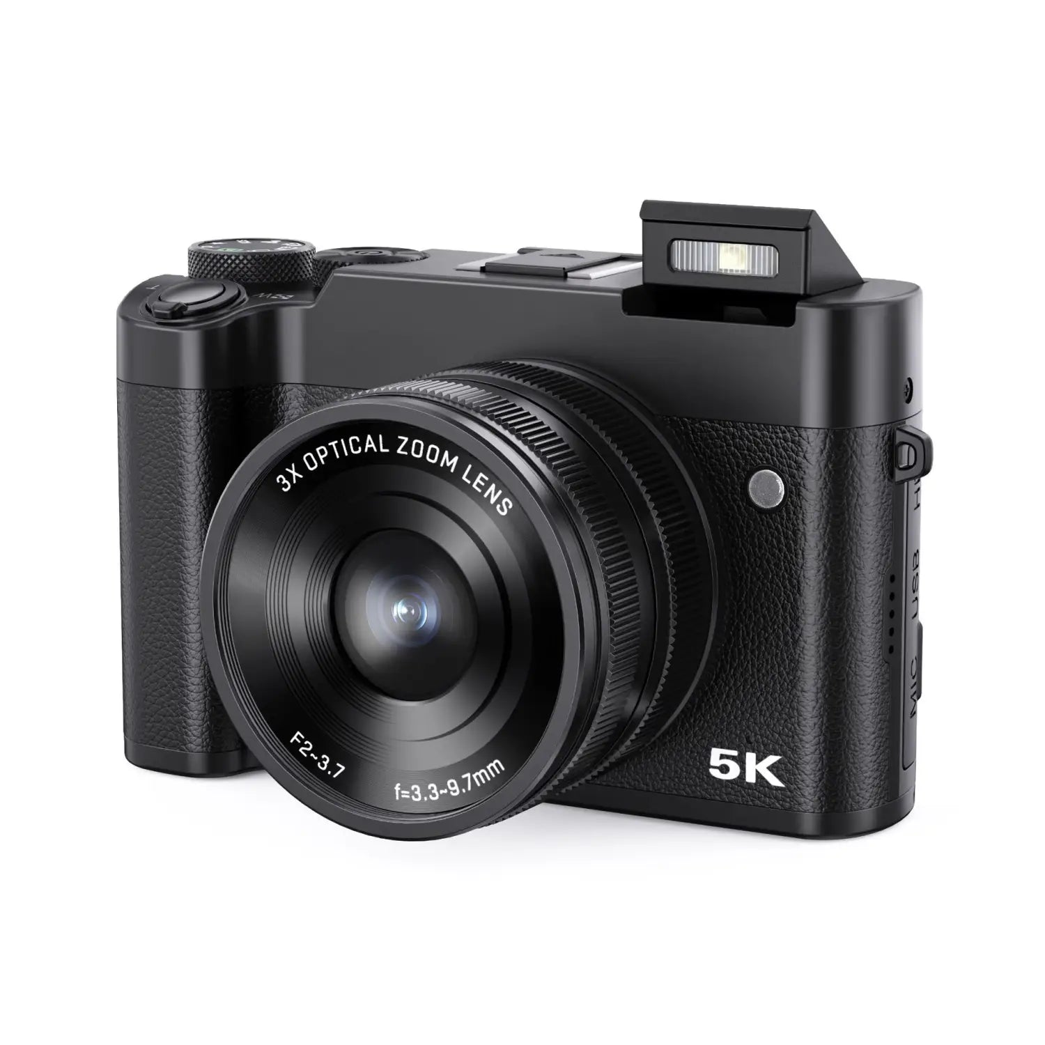 Black 5k digital camera with a textured grip and 3x optical zoom lens designed for royale essence lux photography.