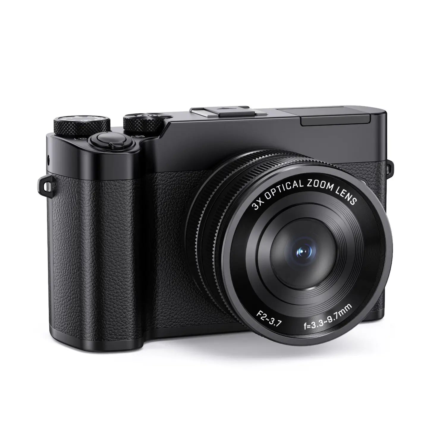 Black 5k digital camera with textured grip and 3x optical zoom lens featuring royale essence lux technology.