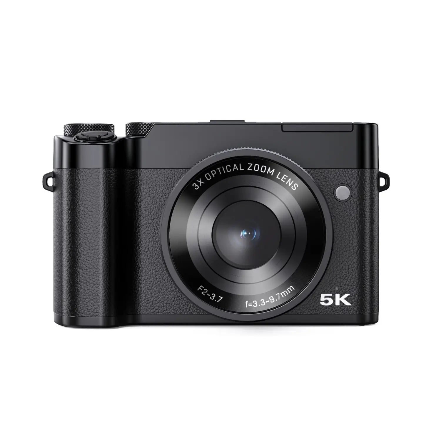 Black 5k digital camera with a textured grip and 3x optical zoom lens designed for capturing high-quality royale essence lux images.