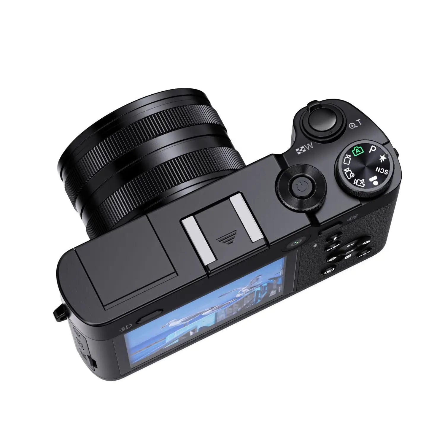 black digital camera with royale essence lux finish featuring a textured lens barrel with 3x optical zoom and a flip-out touchscreen display shown from the back side