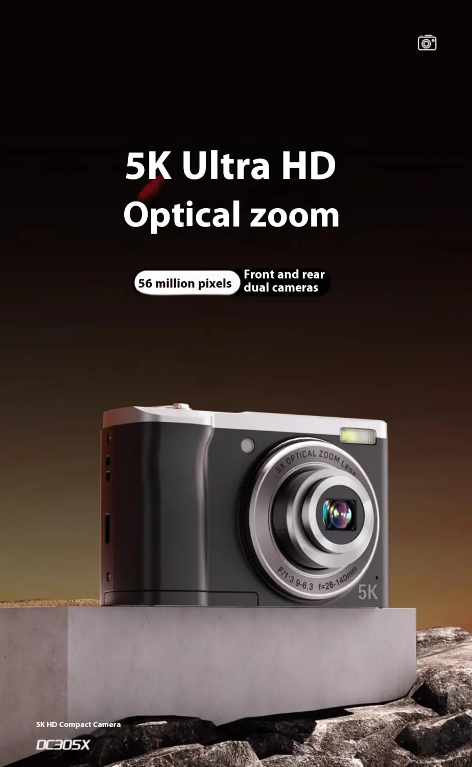 Silver and black 5k hd optical zoom shooting digital camera featuring dual cameras and optical zoom for advanced digital camera photography.