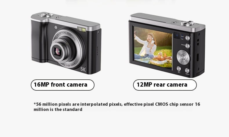 Black and silver compact 5K HD optical zoom shooting digital camera with 16MP front camera, 12MP rear camera, sleek design, and visible lens markings.