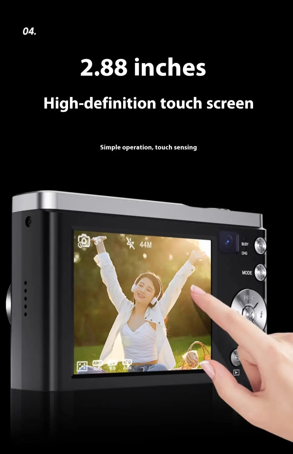 Black digital camera with silver bezel and 2.88-inch high-definition touch screen displaying a woman in white outdoors on the back side of a 5k hd optical zoom shooting digital camera with tactile mode and navigation buttons.