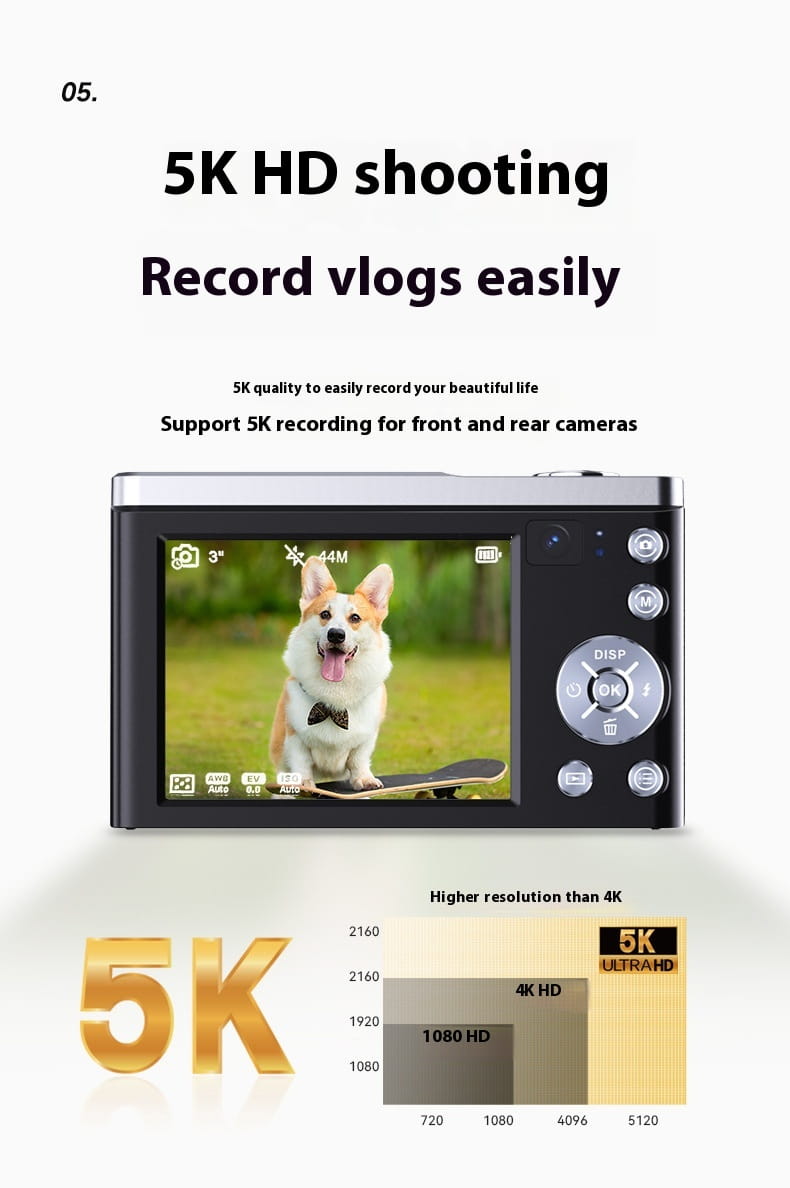 Silver and black compact digital camera with 5k hd front and rear shooting capability and optical zoom designed for high-quality shooting digital camera use.