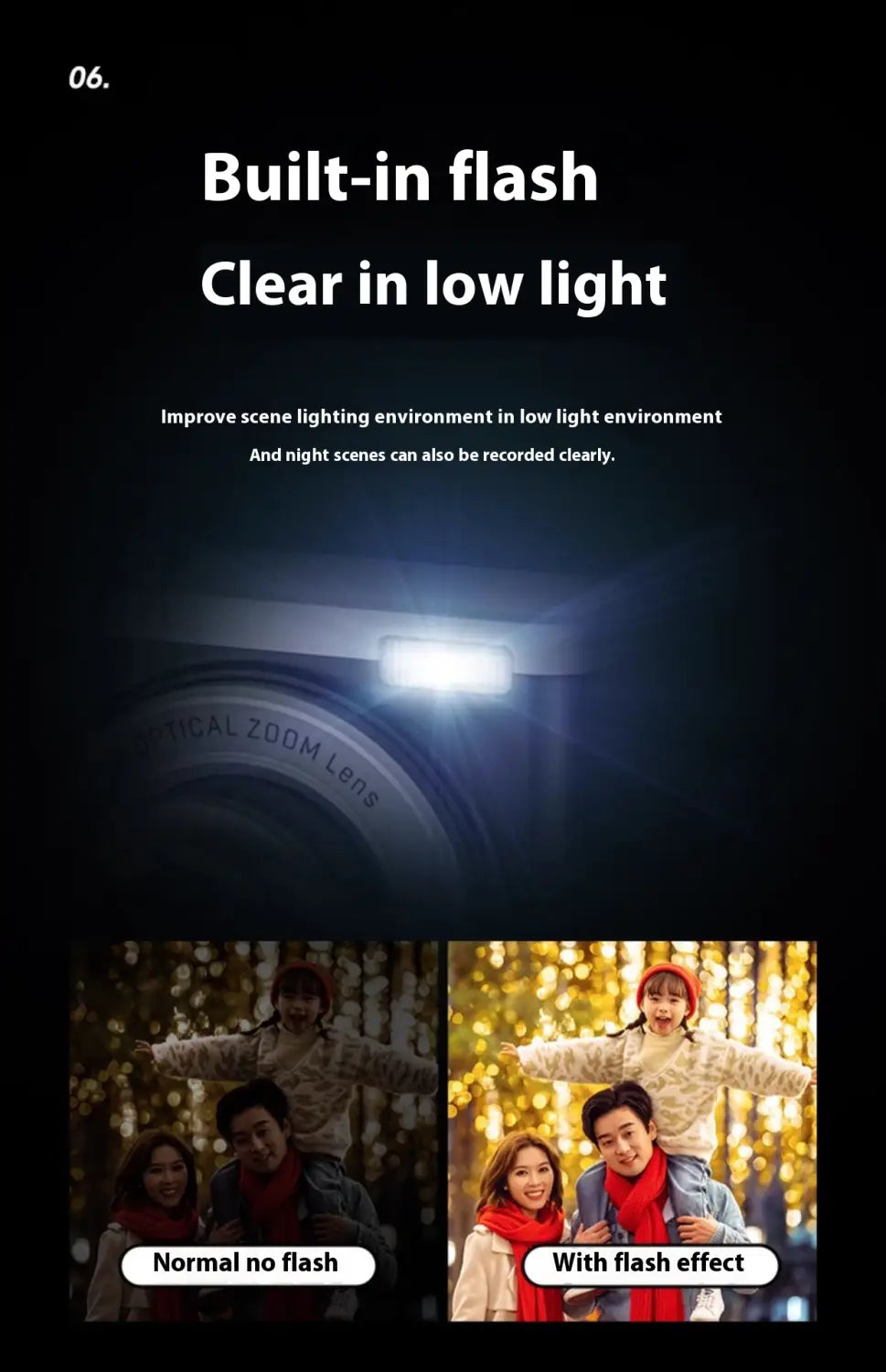 5k hd optical zoom shooting digital camera in black with built-in flash for clear night-time photography and enhanced digital camera performance.
