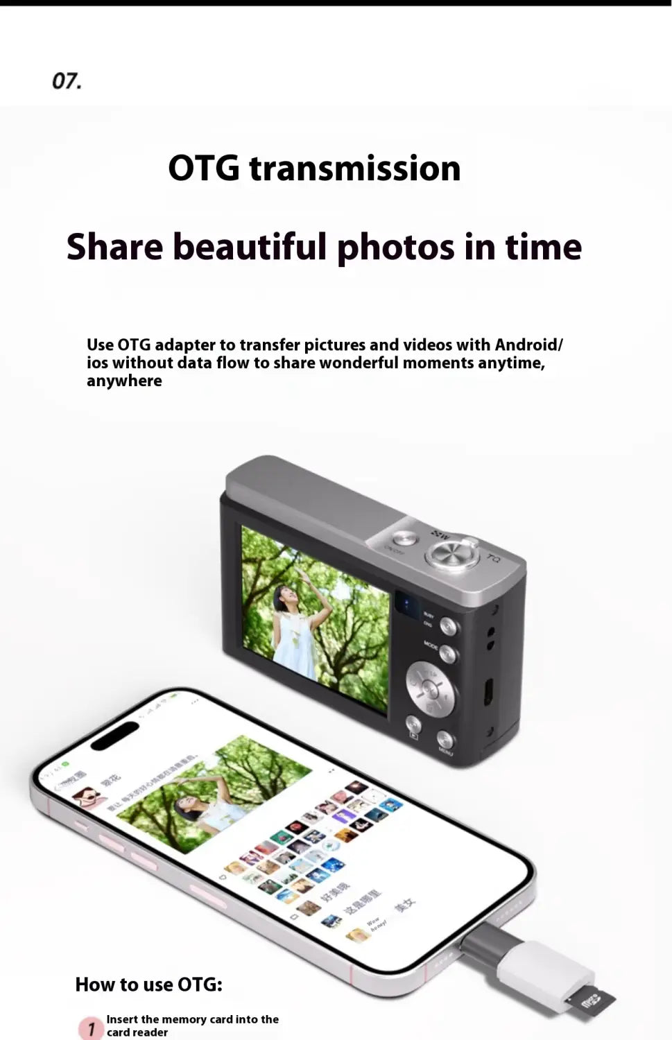 Silver and black compact 5k hd optical zoom shooting digital camera with a rear screen displaying a photo of a woman in a white dress under trees.
