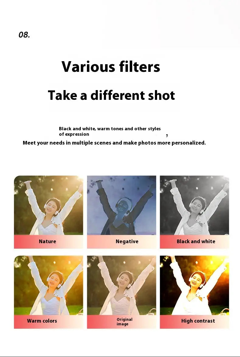 A woman wearing white headphones and a light-colored top poses with arms raised against various photographic filter effects demonstrating the capabilities of a 5K HD optical zoom shooting digital camera.