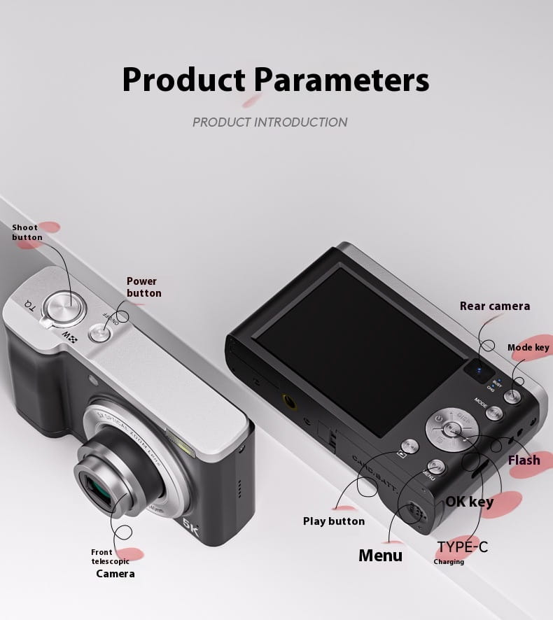 Silver and black compact 5K HD optical zoom shooting digital camera featuring a front telescopic lens, rear lcd screen, and labeled control buttons.