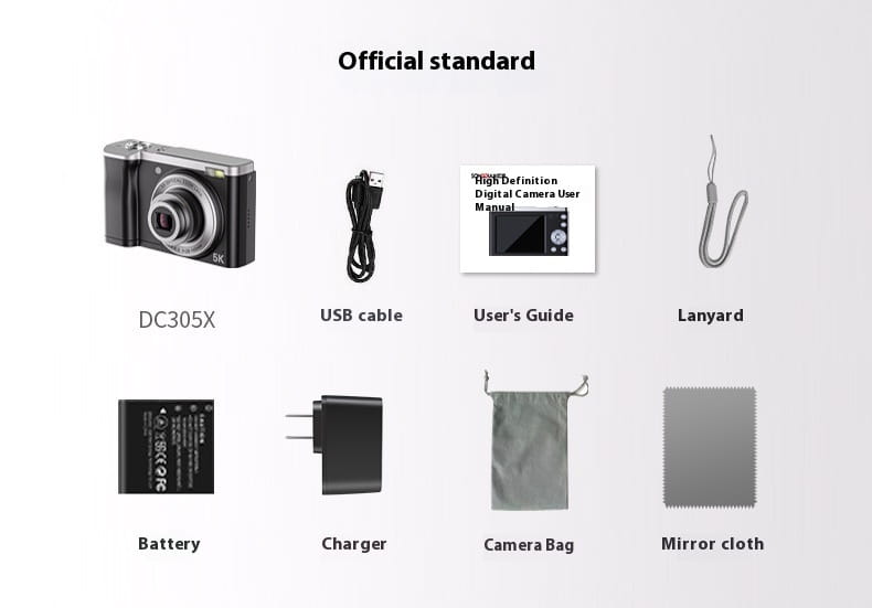 Black and silver dc305x digital camera with sleek compact design featuring 5k hd optical zoom for enhanced shooting digital camera performance.