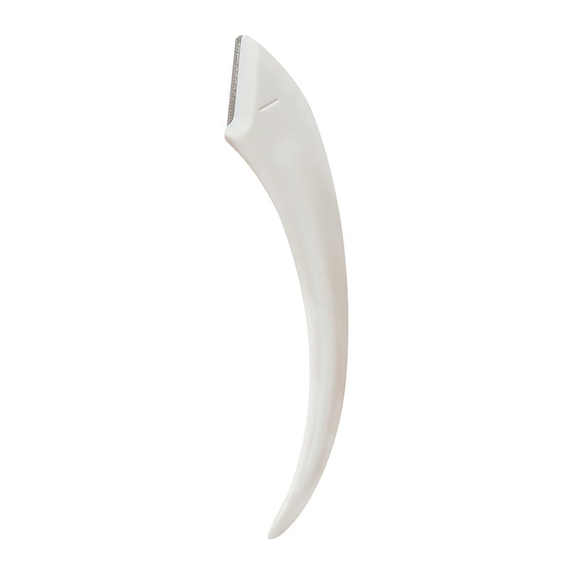 white plastic curved razor handle with metallic blade edge in the pink eyebrow trimming knife and scissors set for precise eyebrow trimmer use