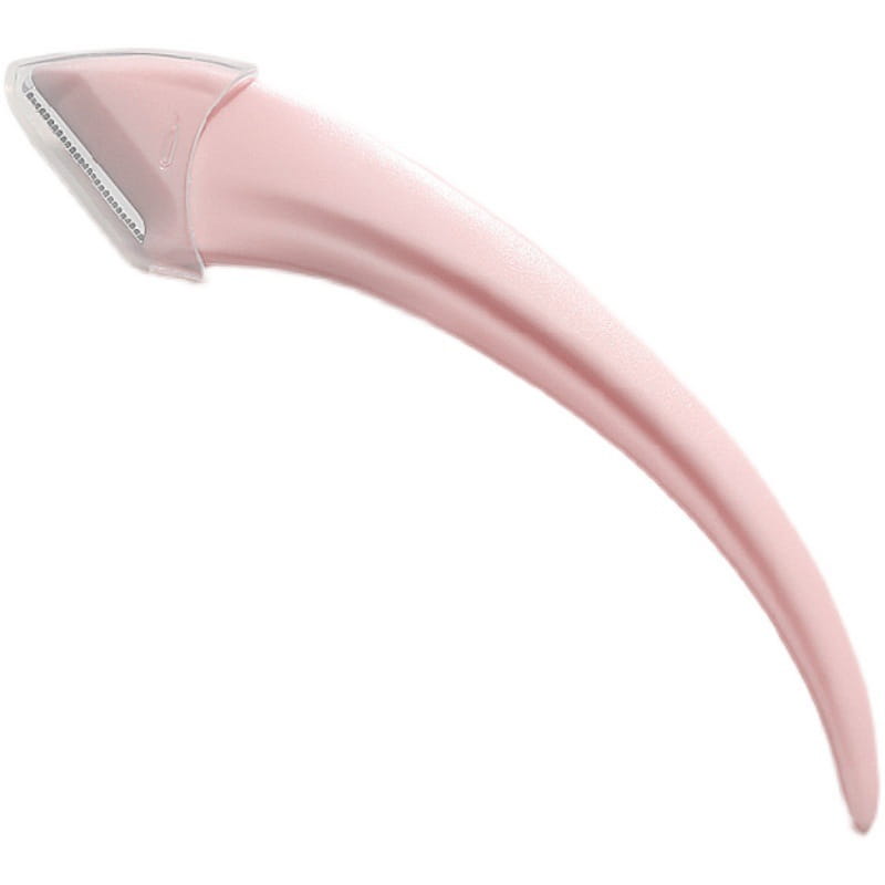pink eyebrow trimming knife with a curved handle and metallic blade as part of an eyebrow trimmer and scissors set