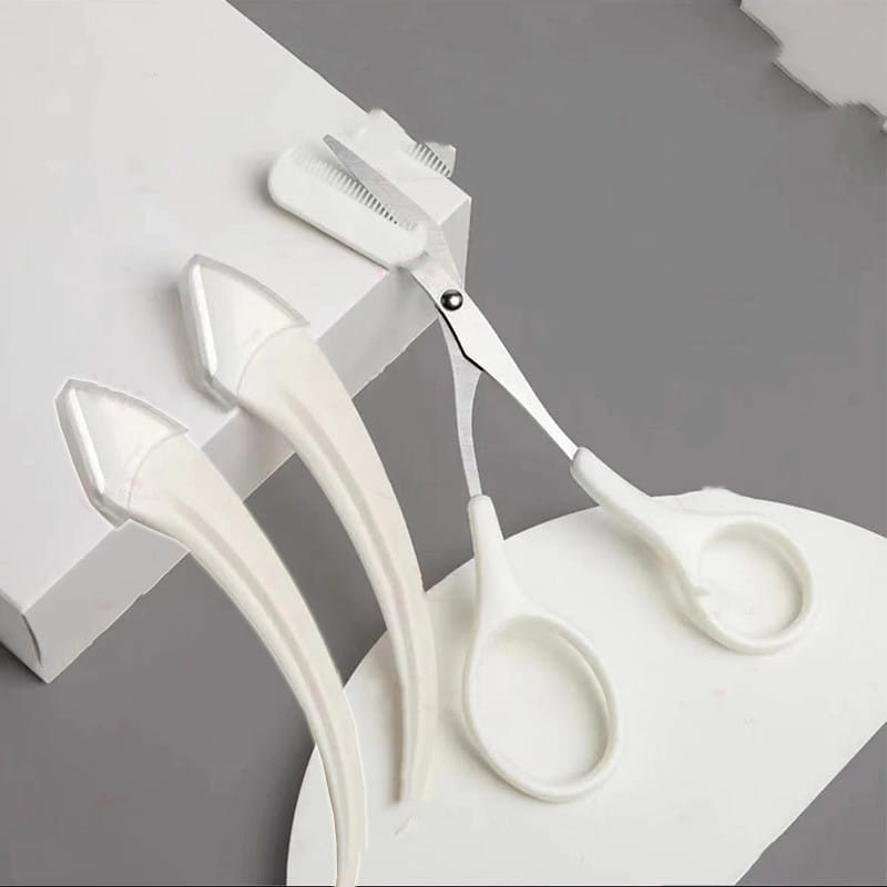 white plastic eyebrow grooming scissors with integrated brush attachment from the pink eyebrow trimming knife and scissors set for precise eyebrow trimming and eyebrow trimmer use