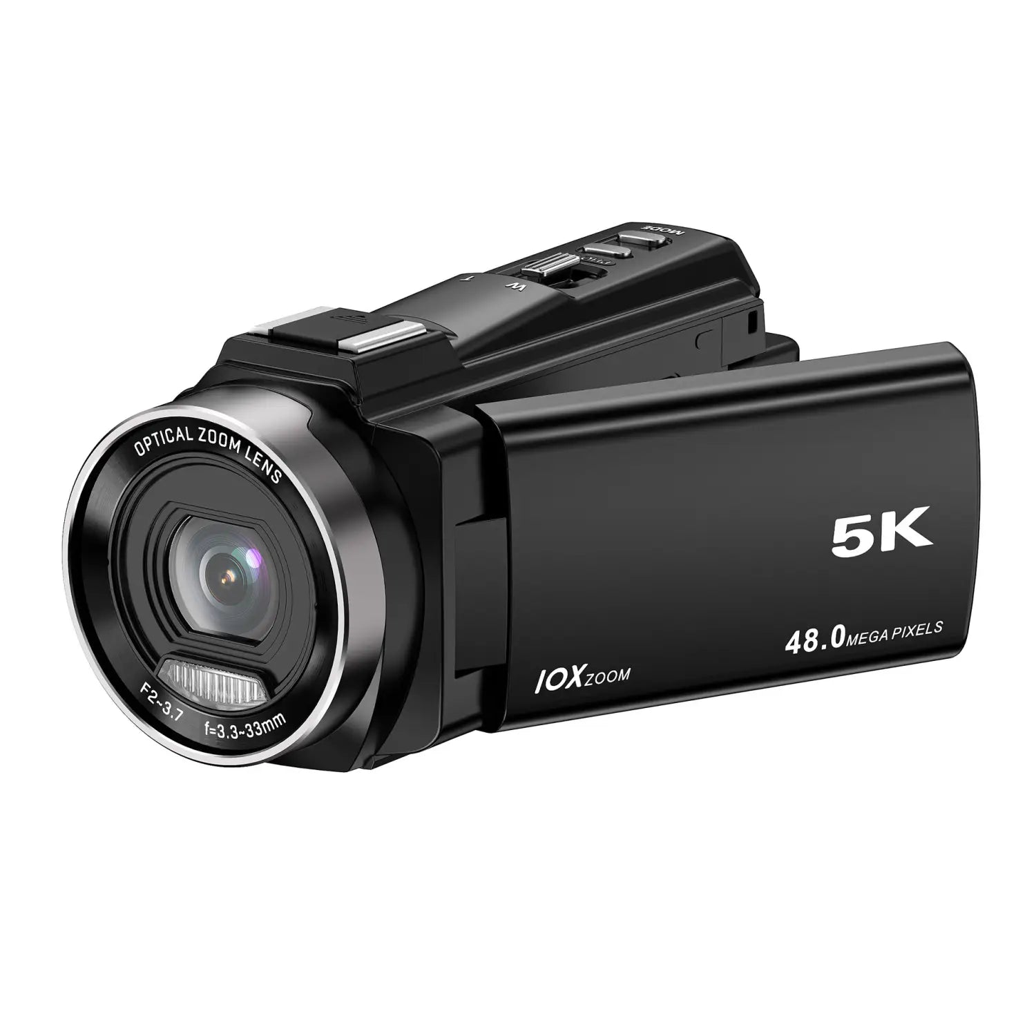 black 5k digital video camera with a silver lens ring and 10x zoom branding featuring advanced optical zoom for outdoor sports use with 48mp resolution