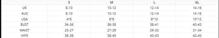 The image displays a size chart for the off-shoulder white color matching elegant cocktail dress listing uk us and australian sizes with corresponding bust waist and hip measurements.