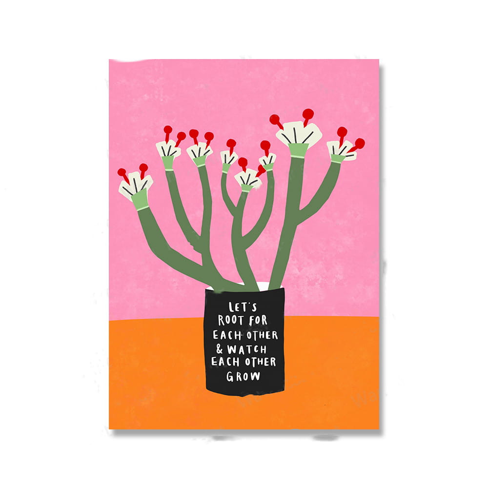 pink and orange illustrated floral botanical nordic girls wall art canvas print featuring a stylized green cactus with white flowers and red centers in a black pot.