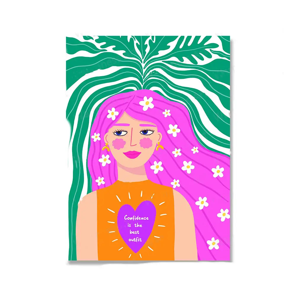 a vibrant floral botanical nordic girls wall art canvas print featuring an illustrated woman with long pink hair and white flowers wearing an orange top with a purple heart reading confidence is the best outfit against a stylized green and white leafy background