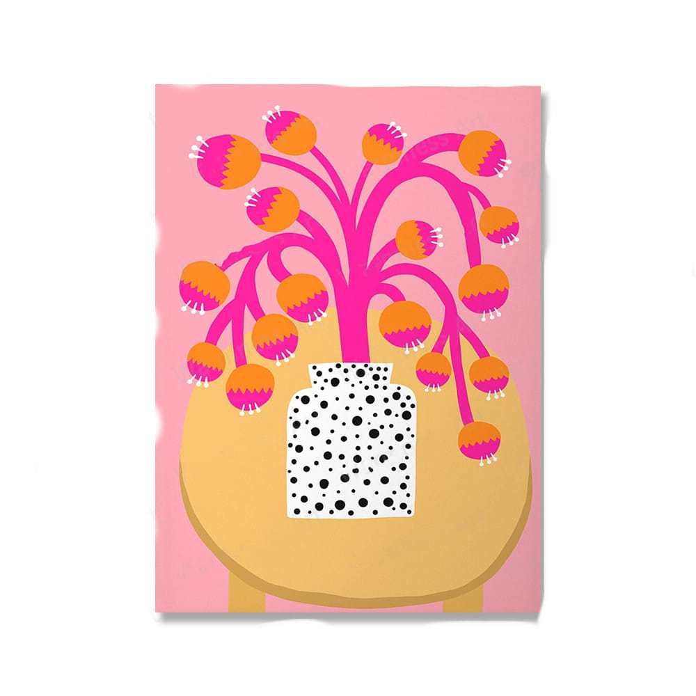 floral botanical nordic girls wall art canvas print featuring a vibrant pink and orange illustrated floral arrangement in a white polka-dotted vase