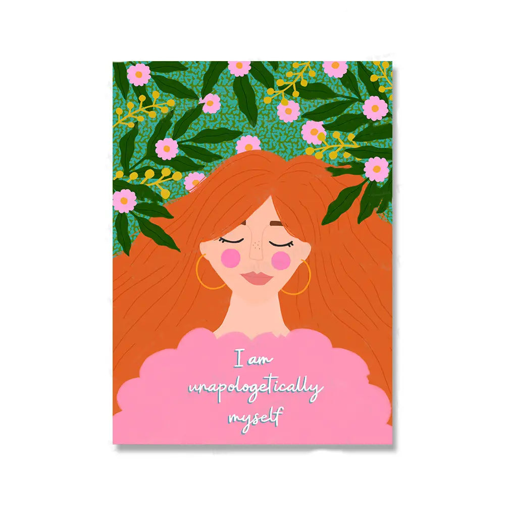 A vibrant floral botanical nordic girls wall art canvas print featuring a woman with long orange hair pink cheeks and gold hoop earrings framed by green leaves and pink flowers against a teal background.