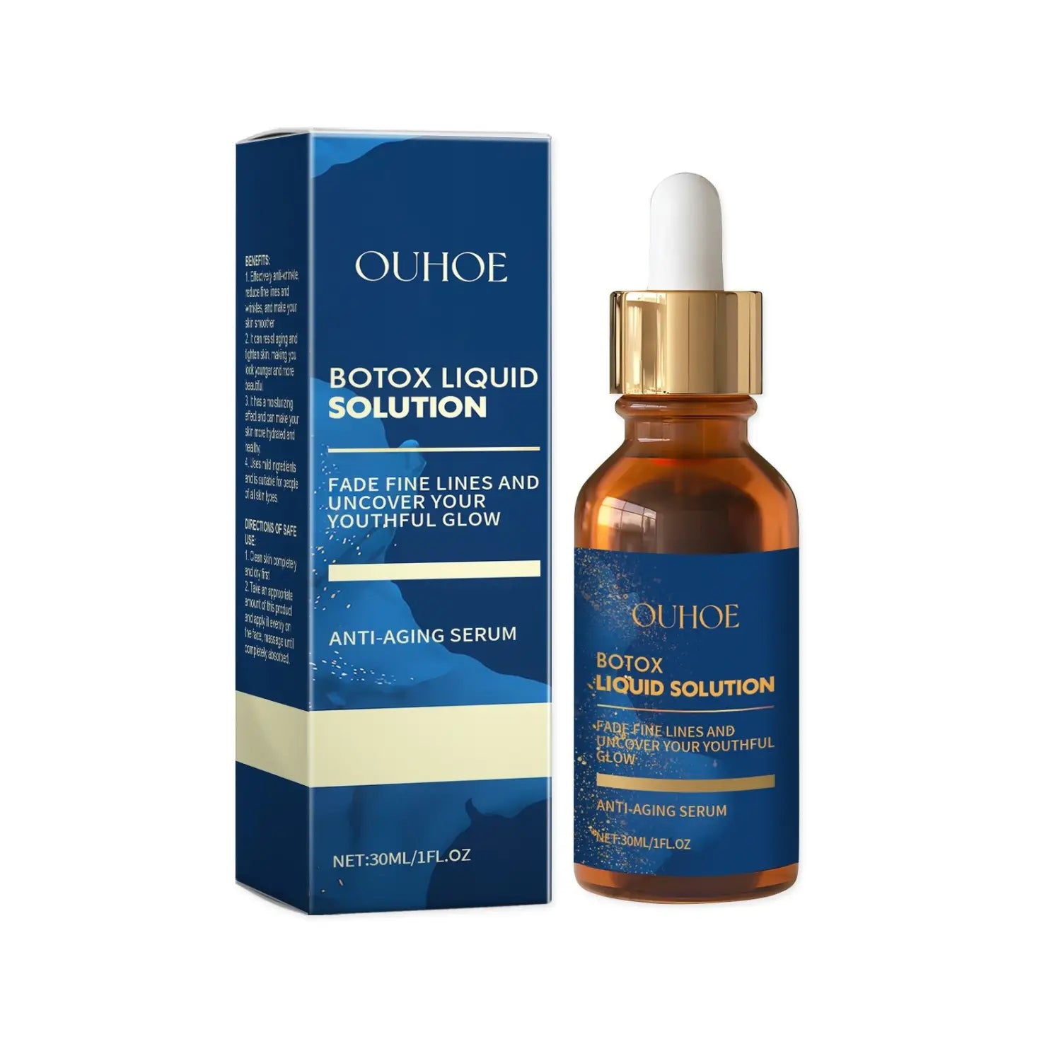 Ouhooe botox liquid solution anti fine lines serum in an amber glass bottle with a gold dropper cap and blue packaging for reducing fine lines.