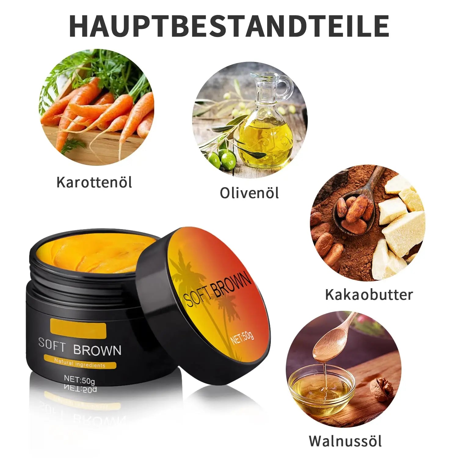 black jar with orange lid containing yellowish brown creamy beauty cream labeled soft brown 50g net weight for suntanning beauty cream to improve skin tone
