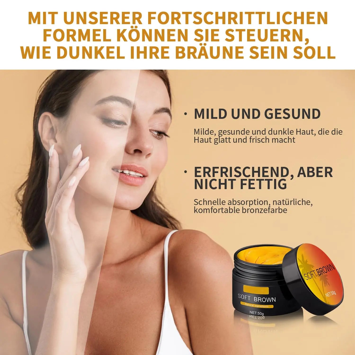 A black and orange jar of soft brown suntanning beauty cream with yellow gel inside designed for even skin tone application.