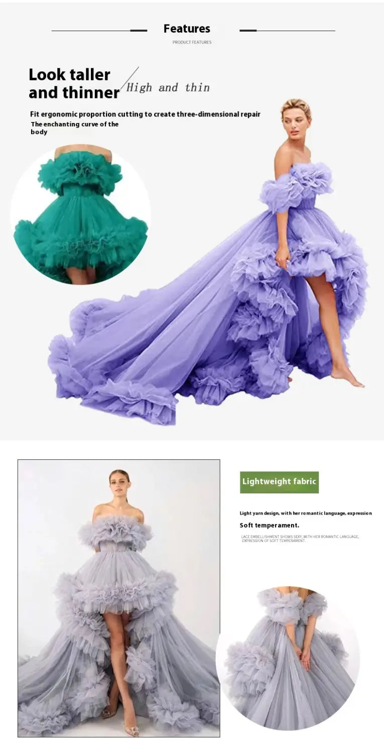 A luxury women’s fashion high low gown in flowing lavender tulle with off-the-shoulder ruffled sleeves and a layered skirt, ideal as a beaded evening gown alternative.