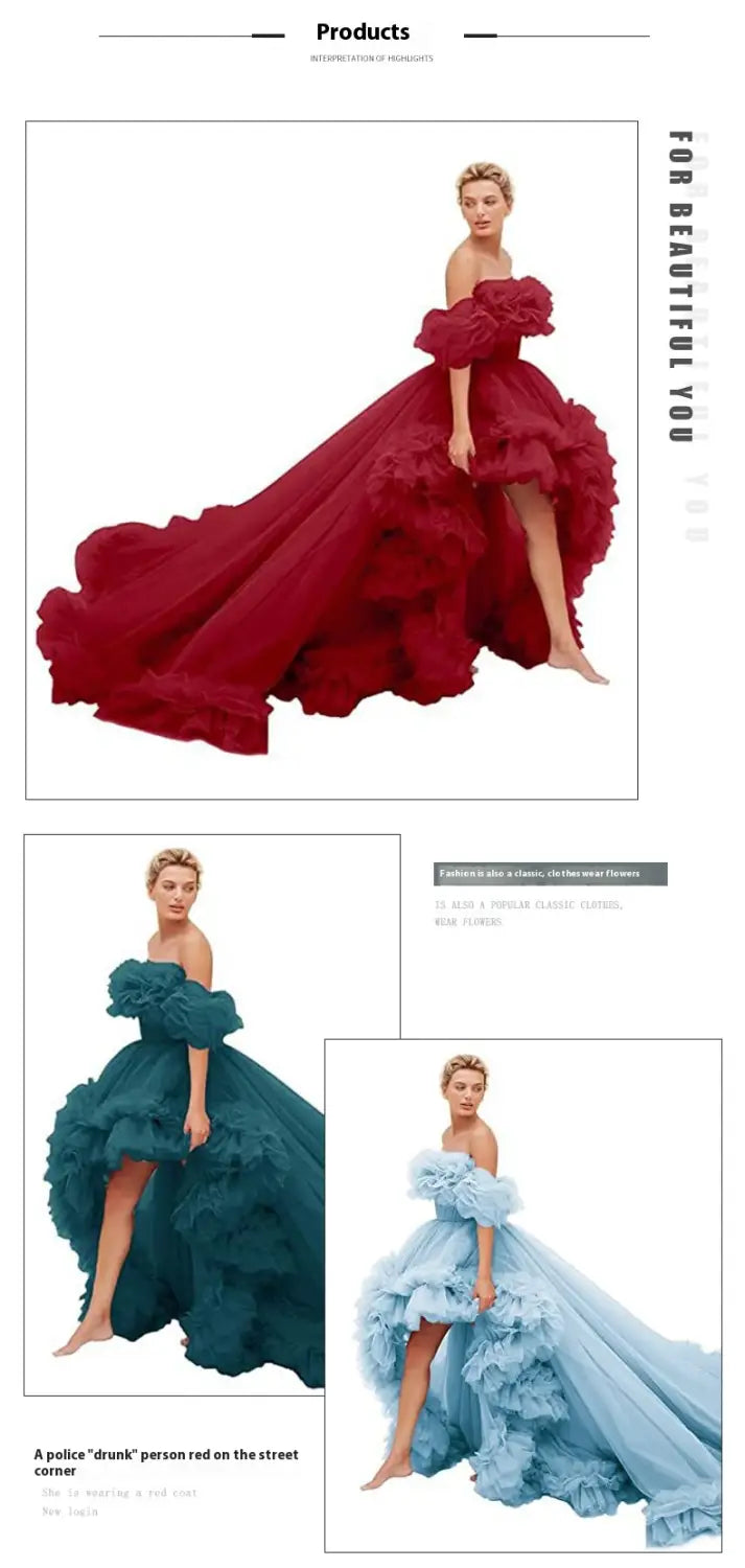 a flowing deep red off-the-shoulder luxury women’s fashion gown featuring voluminous ruffled layers and a high-low hemline ideal for beaded evening gowns and plus size dresses bikinis collections