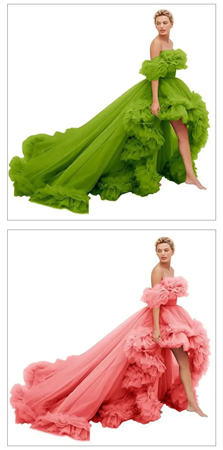 Orange luxury women’s fashion high low gown featuring a voluminous off-the-shoulder design with cascading ruffles and a dramatic train in vibrant coral pink ideal for beaded evening gowns and plus size dresses.