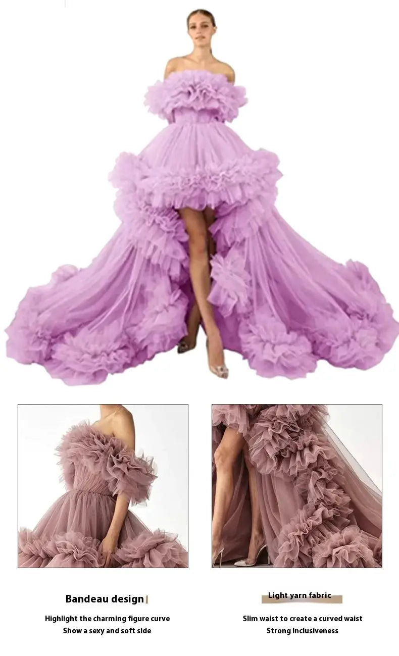 A lavender ruffled high low gown with a bandeau top and layered tulle fabric featured in orange luxury women’s fashion perfect for beaded evening gowns and plus size dresses bikinis.