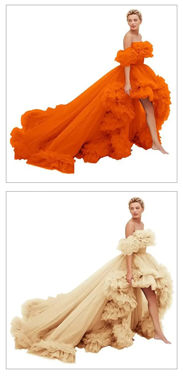 A voluminous orange luxury women’s fashion high low gown with cascading ruffles and a dramatic train designed as a beaded evening gown.