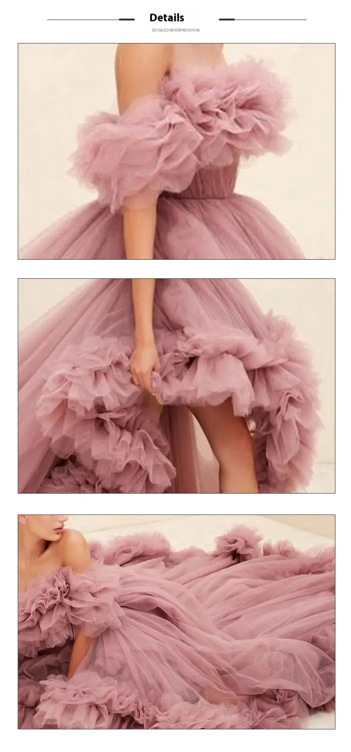 orange luxury women’s fashion high low gown in dusty rose tulle featuring voluminous ruffled sleeves and a layered skirt, ideal for luxury women’s fashion and beaded evening gowns occasions.