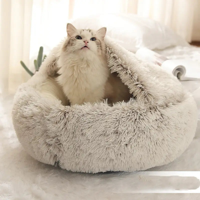 Soft fluffy gray round plush warm cat bed pet with a cozy plush texture designed for comfortable resting