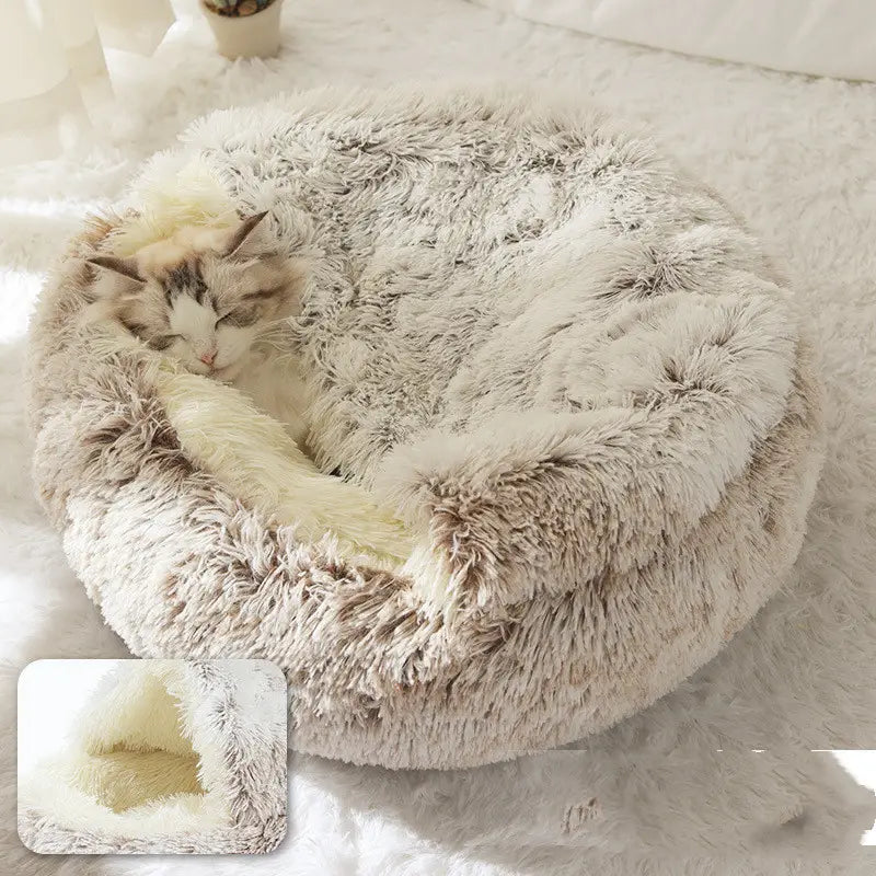 fluffy, round plush warm cat bed pet with soft beige and white faux fur exterior and plush inner lining for cozy comfort