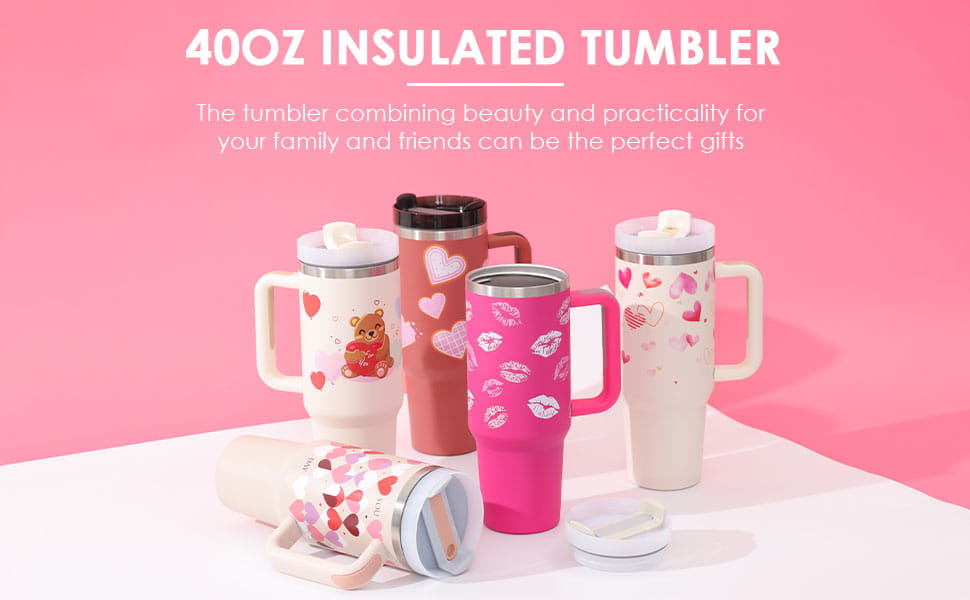 Pink kiss stainless steel handle straw insulated tumbler in pink with red heart-shaped stickers featuring a spill-resistant lid and ergonomic handle.
