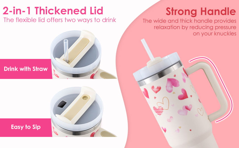 white insulated stainless steel handle straw insulated tumbler with pink heart patterns and silver rim featuring a 2-in-1 thickened lid for sipping or straw use and stainless steel spill prevention.