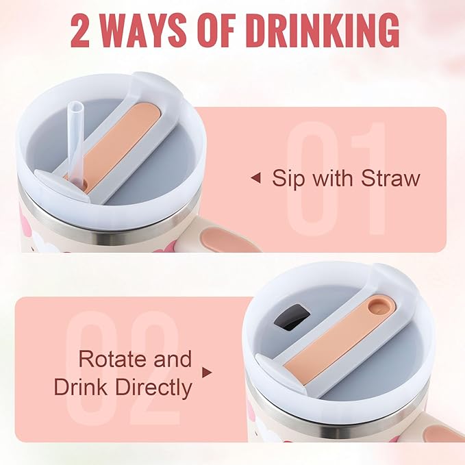 Pink kiss stainless steel handle straw insulated tumbler in pink and white with a dual-function lid for sipping or direct drinking and stainless steel spill resistance.