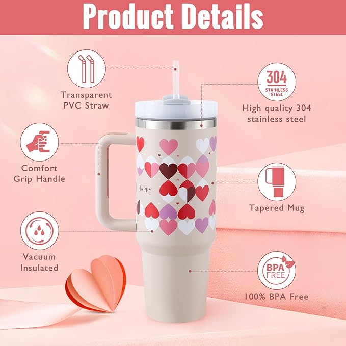 a white insulated tumbler with a heart pattern in red pink and purple hues featuring a stainless steel lid handle and transparent straw from the pink kiss stainless steel handle straw insulated tumbler with stainless steel spill resistant design